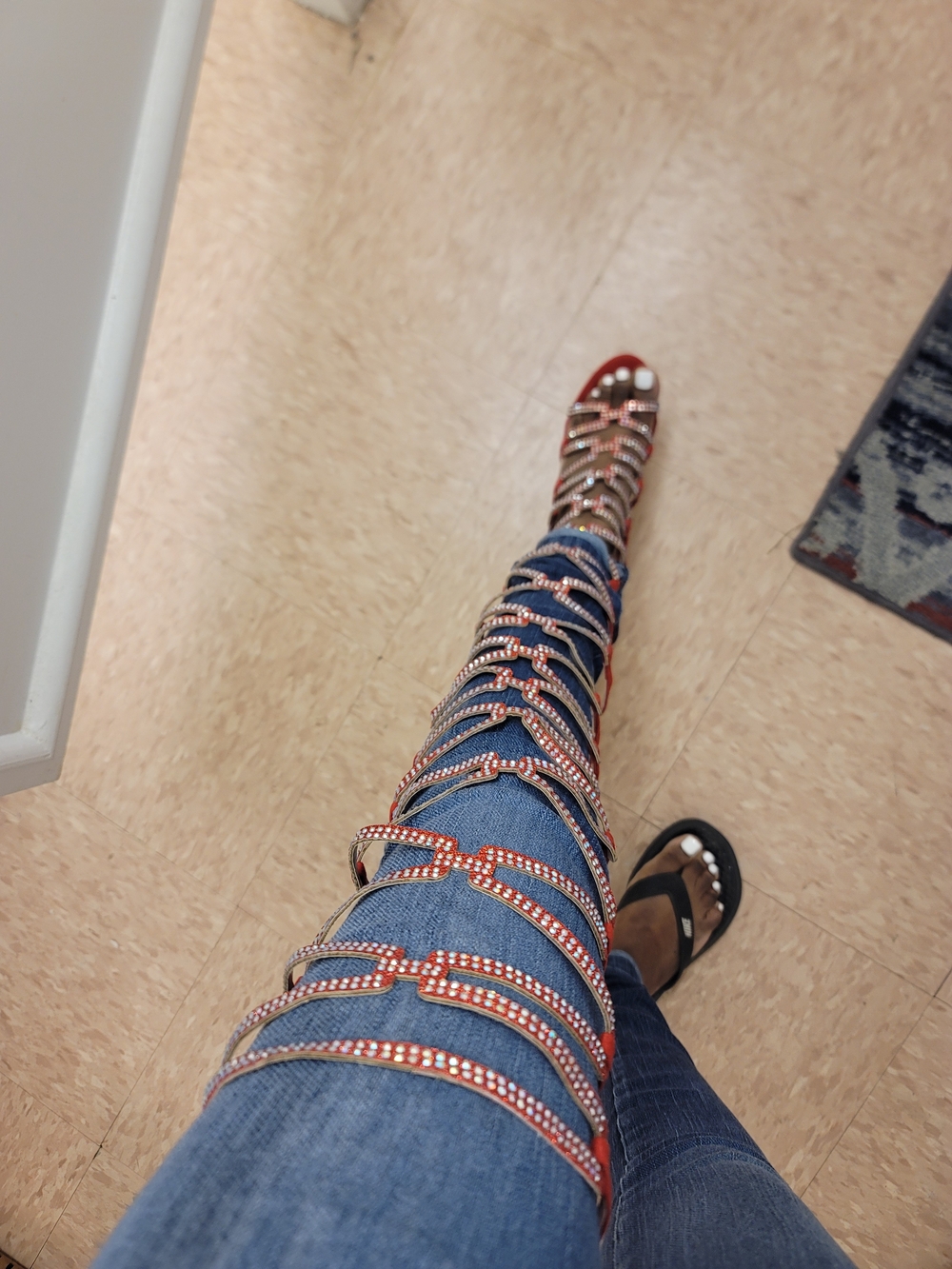 Red Gladiator Knee-High Strappy Sandals with Crystal Accents - Picture 9 of 9